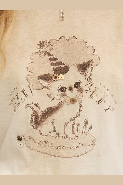 T-shirt vintage effetto consumato con stampa gattino