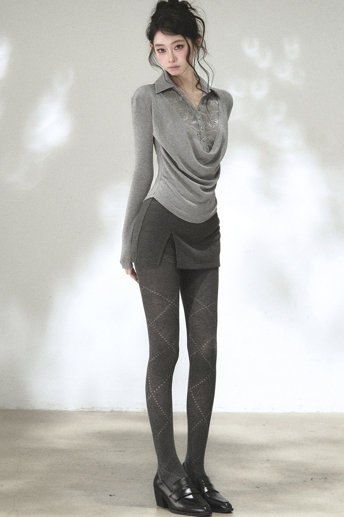 Lace Drape Collar Long-Sleeve Knit Top