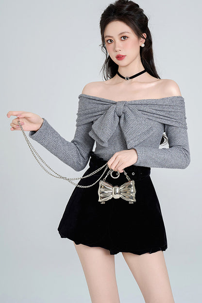 Off-Shoulder Bow Knit Pullover