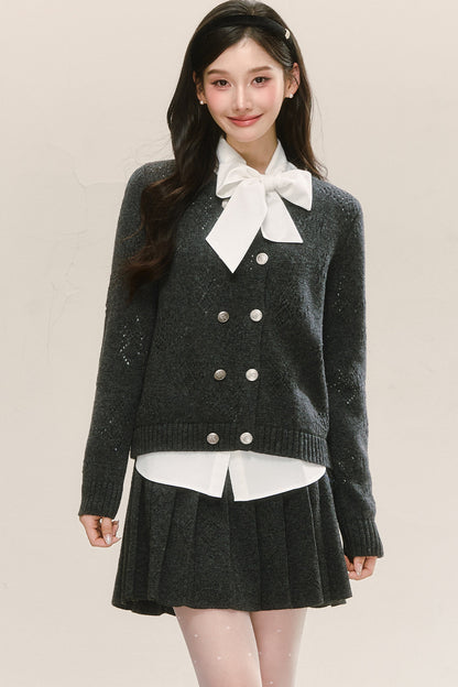 Gray Double-Breasted Knit Jacket Bow Tie Shirt Set-Up