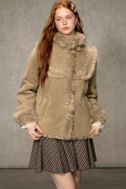 Embroidered Fur Collar Shearling Jacket