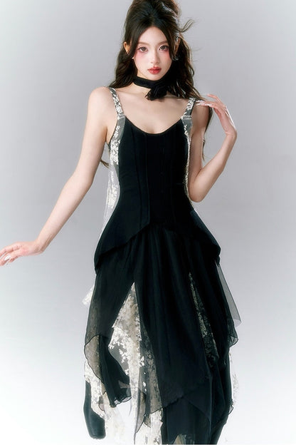 Französisches Gothic-Trägerkleid-und-Rock-Set