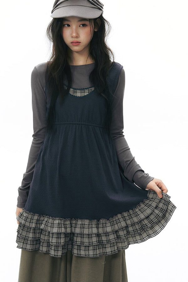 Plaid Ruffle Sleeveless Knit Vest Dress