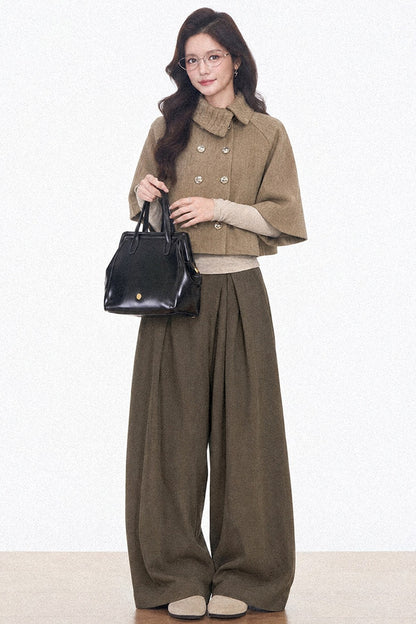 Double-Breasted Cape Coat and Wide-Leg Pants Set-Up