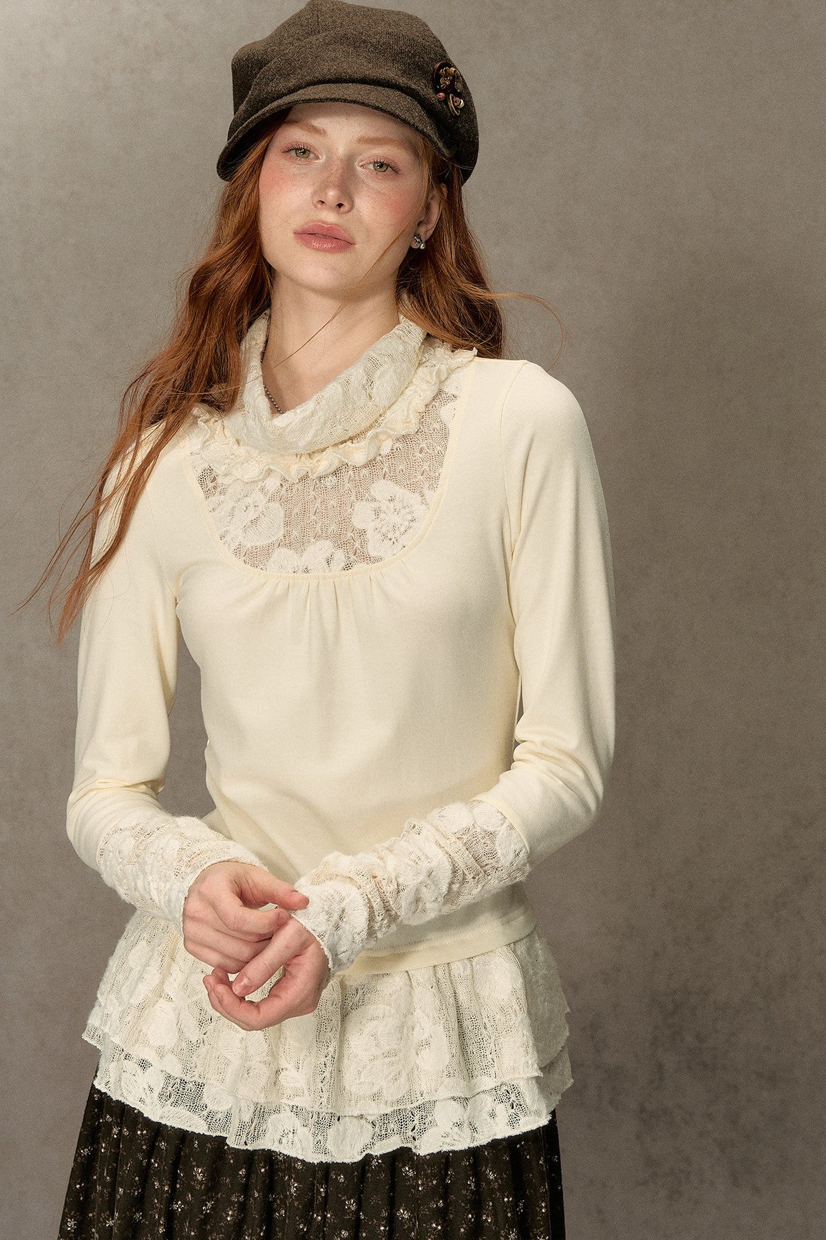 High-Neck Lace Edging Base Layer Top