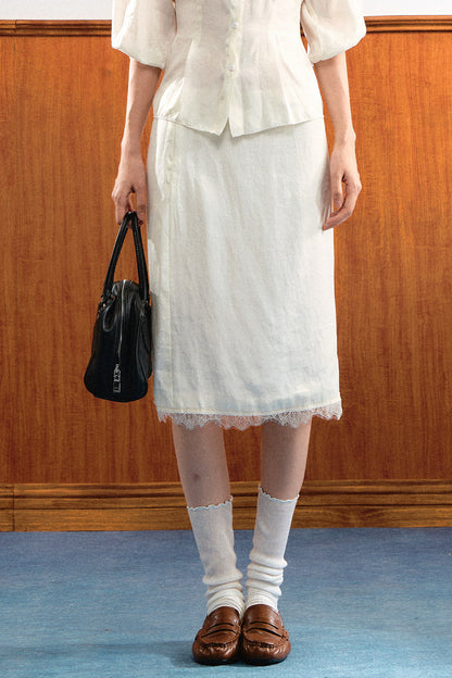 Lace Trim Puff Sleeve Top and Skirt Set-Up