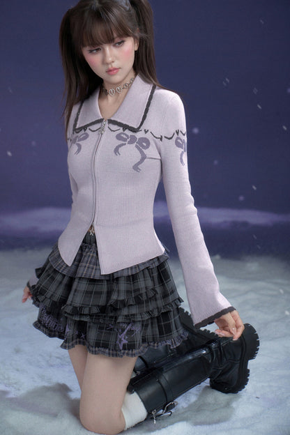 Milk Purple Bow Jacquard Turn-Down Collar Cardigan Top