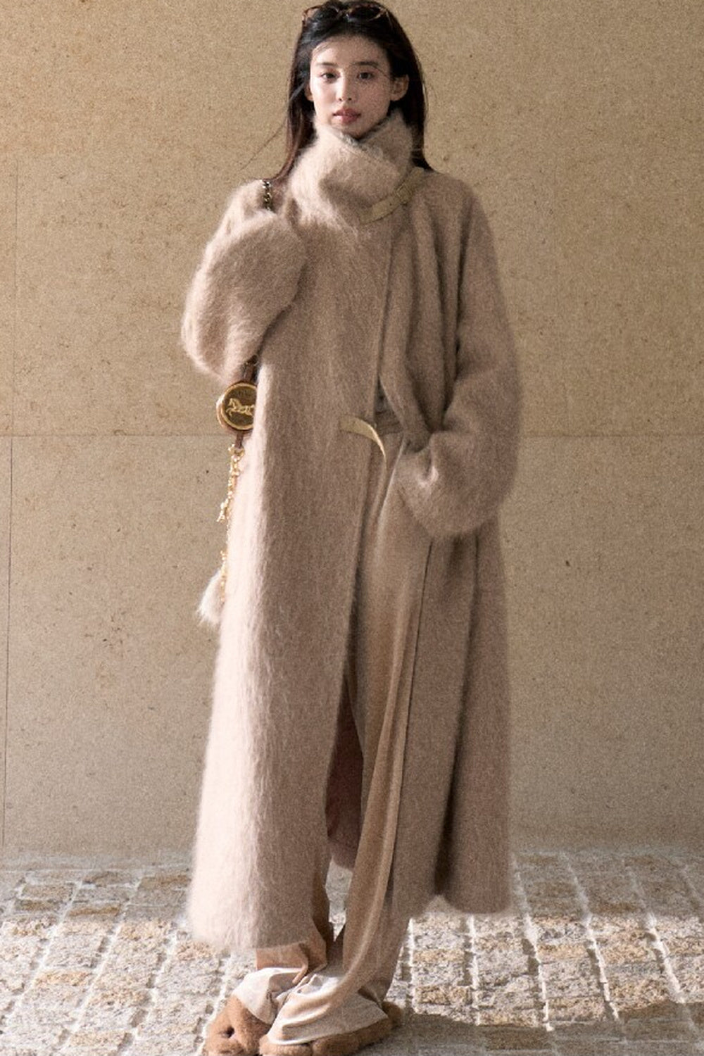Brushed Cashmere Silk Funnel Collar Coat