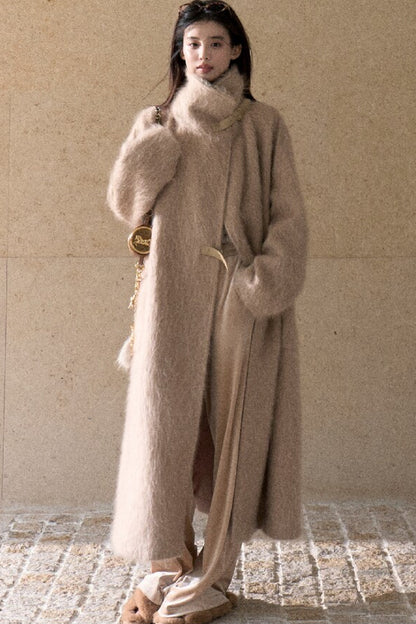Brushed Cashmere Silk Funnel Collar Coat