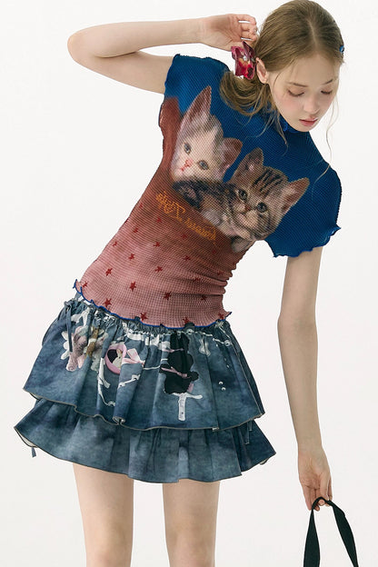 Blusa a blocchi di colore con stampa di gatti