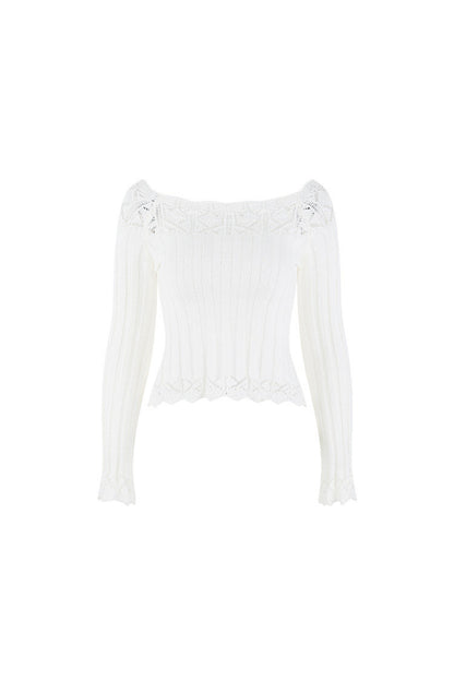 Off-Shoulder Lace Hollow-Out Knit Pullover