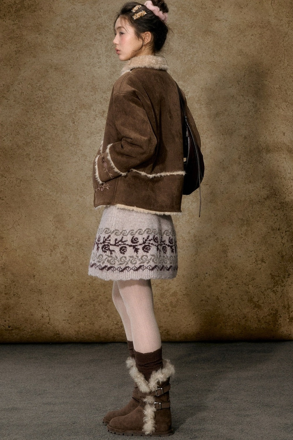 Embroidered Branch Snow Faux Suede Jacket