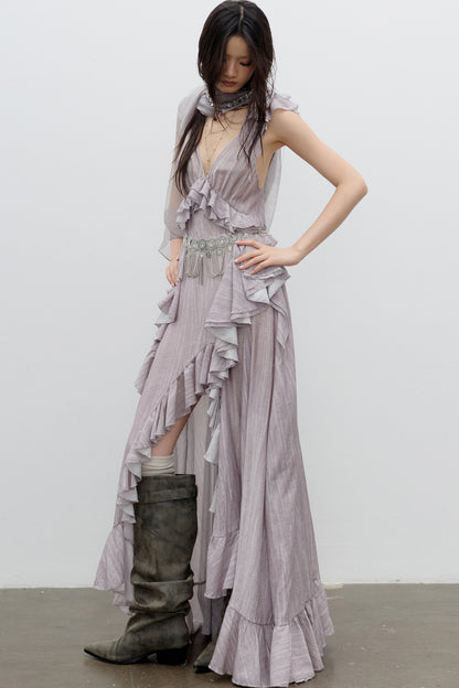 Dirty Pink Irregular Ruffle Strap Dress