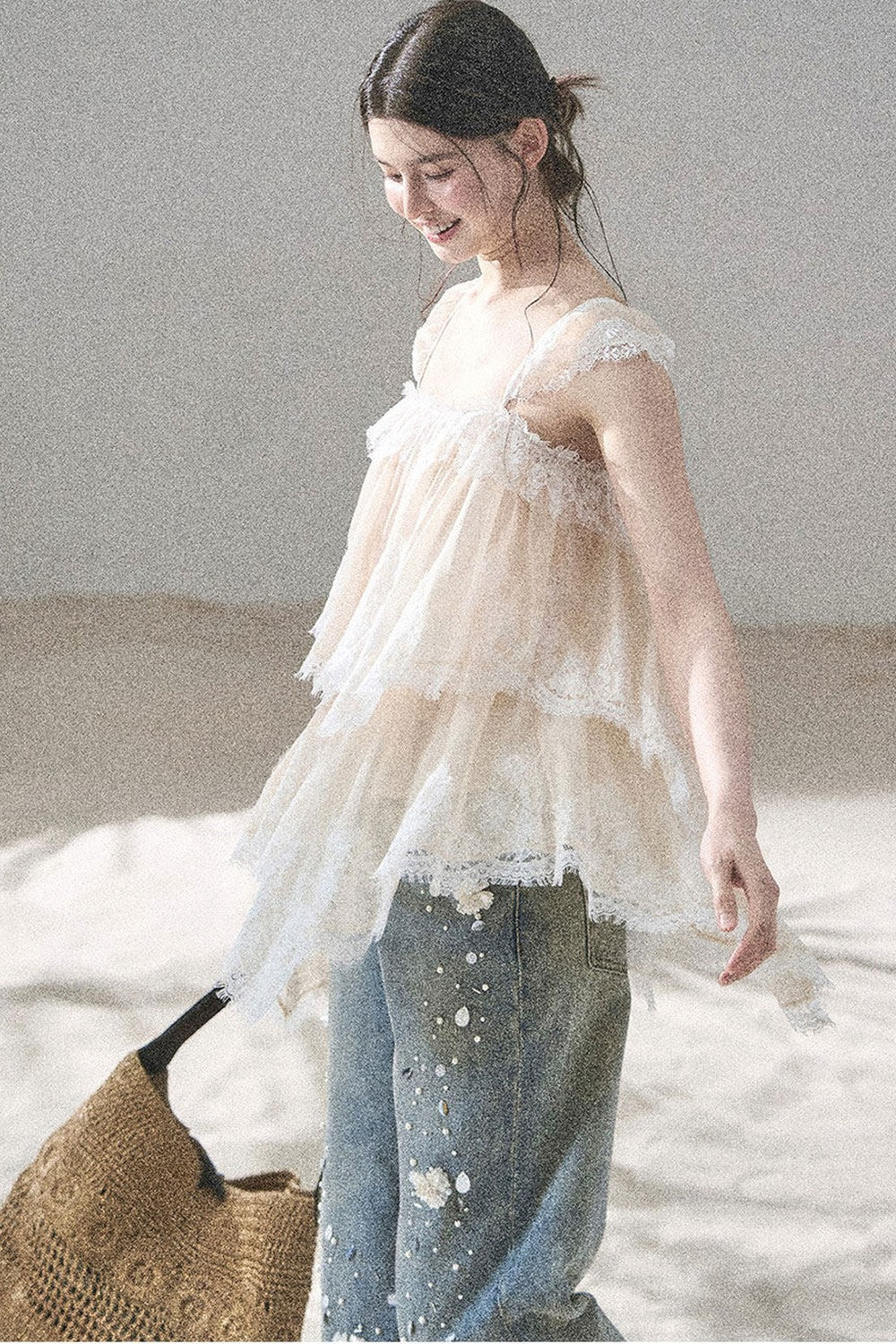 Asymmetric French Lace Mesh Top Set