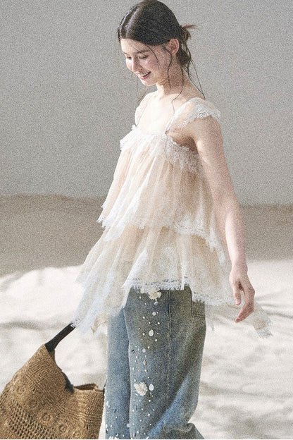 Asymmetric French Lace Mesh Top Set