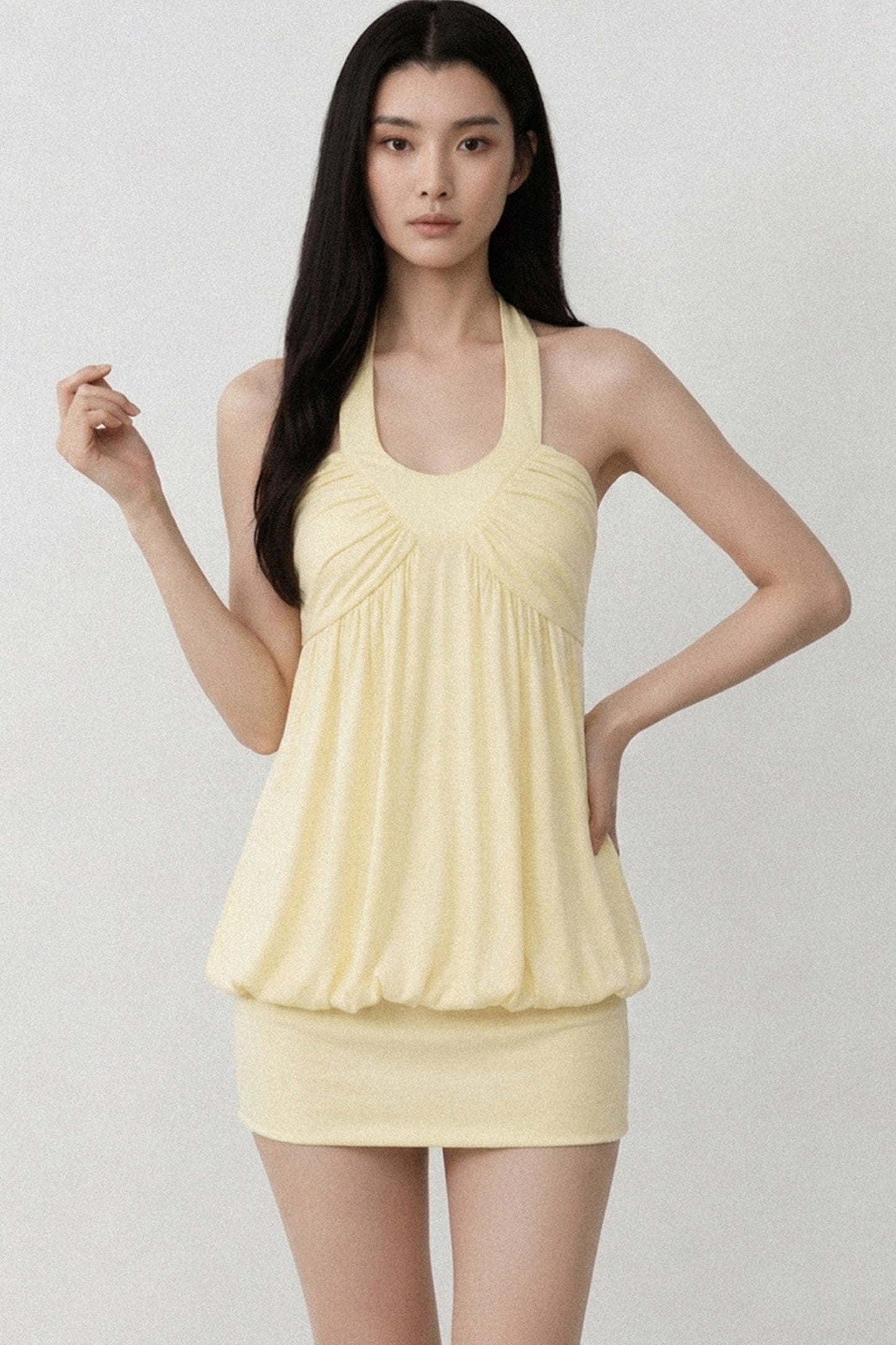 Solid Color Halter V-Neck Backless Ruched Dress