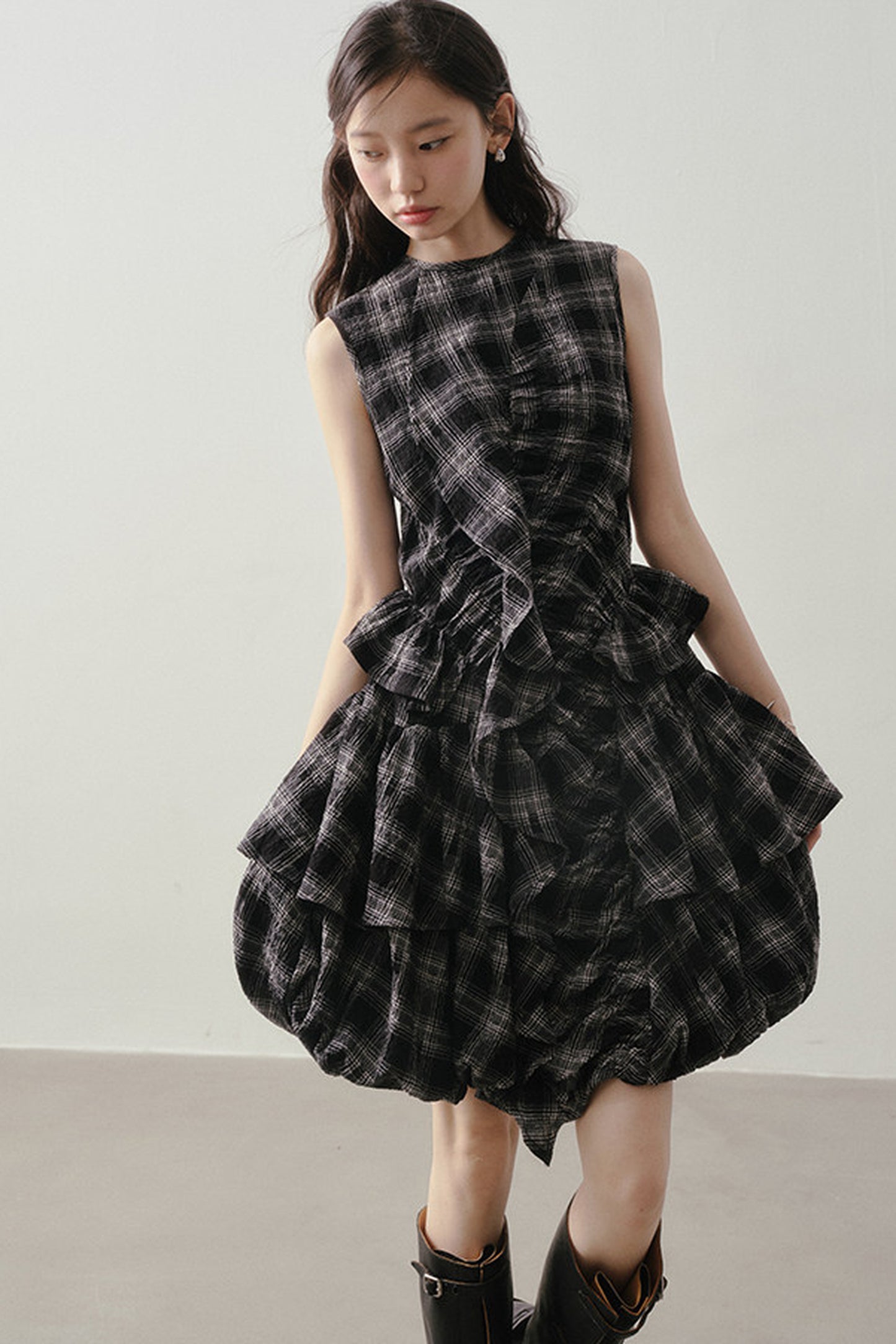 Plaid Ruffle Flower Bud Dress