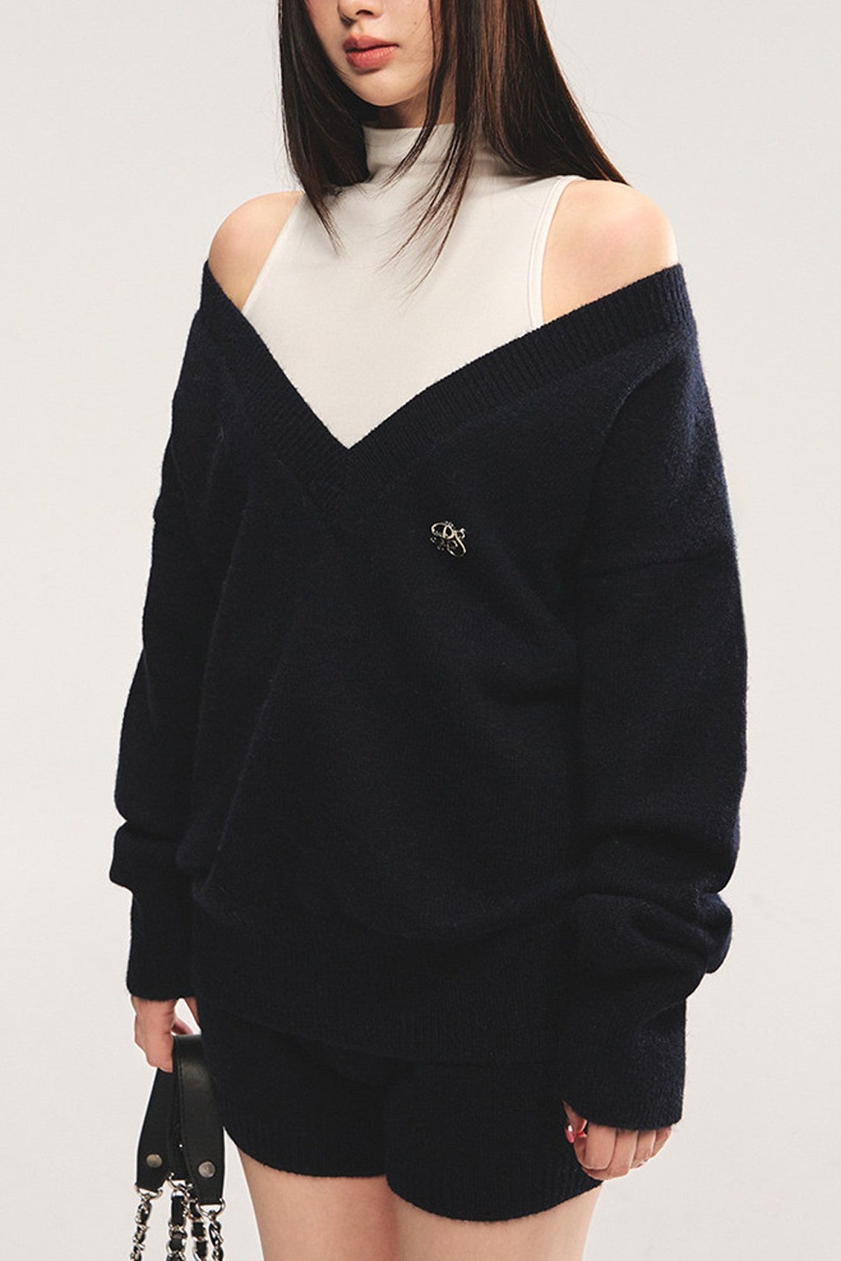 V-Neck Knitted Sweater with White Vest and Shorts Set