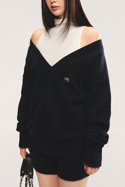 V-Neck Knitted Sweater with White Vest and Shorts Set
