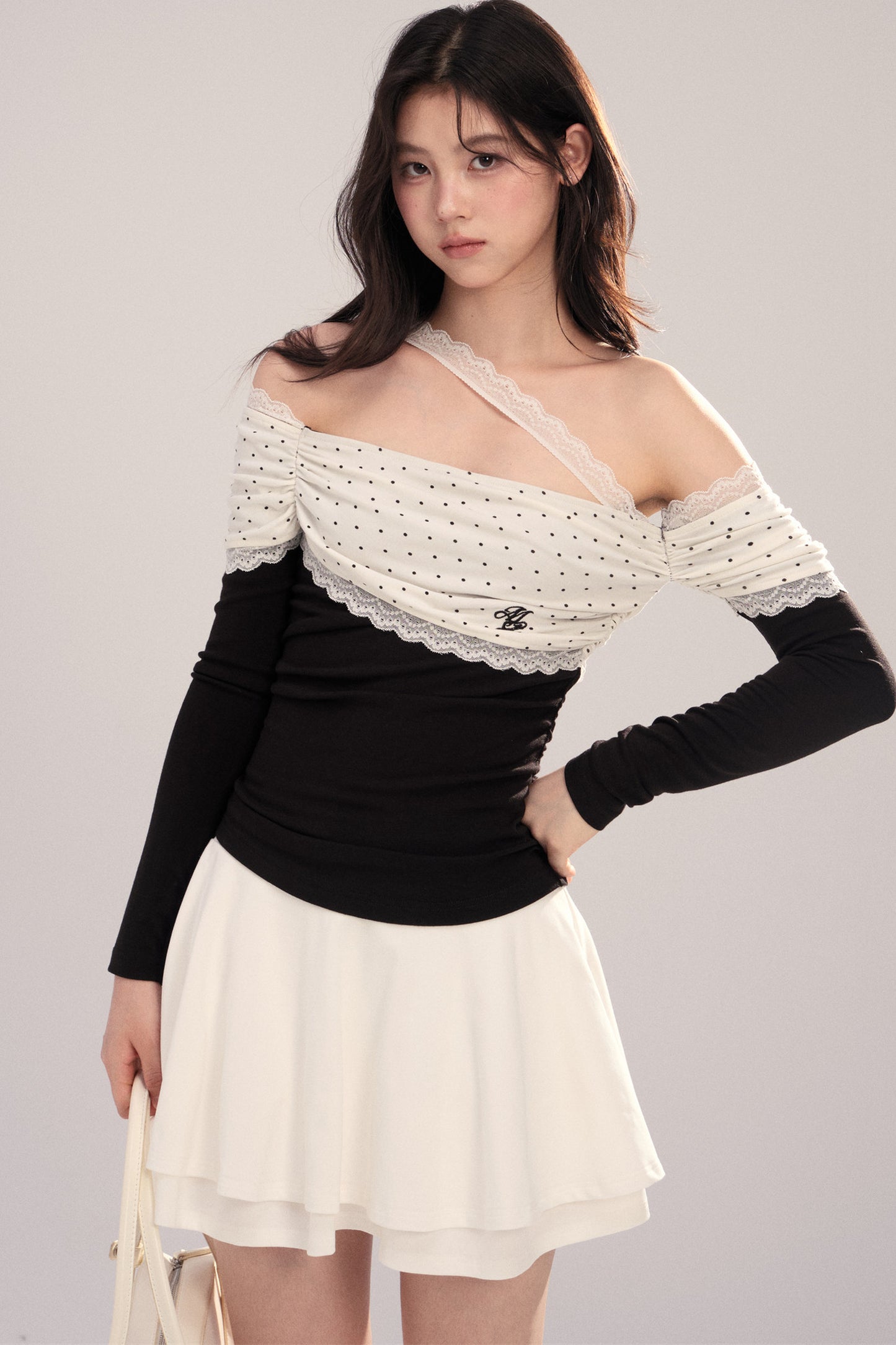 Polka Dot Spliced Lace Off-Shoulder T-Shirt