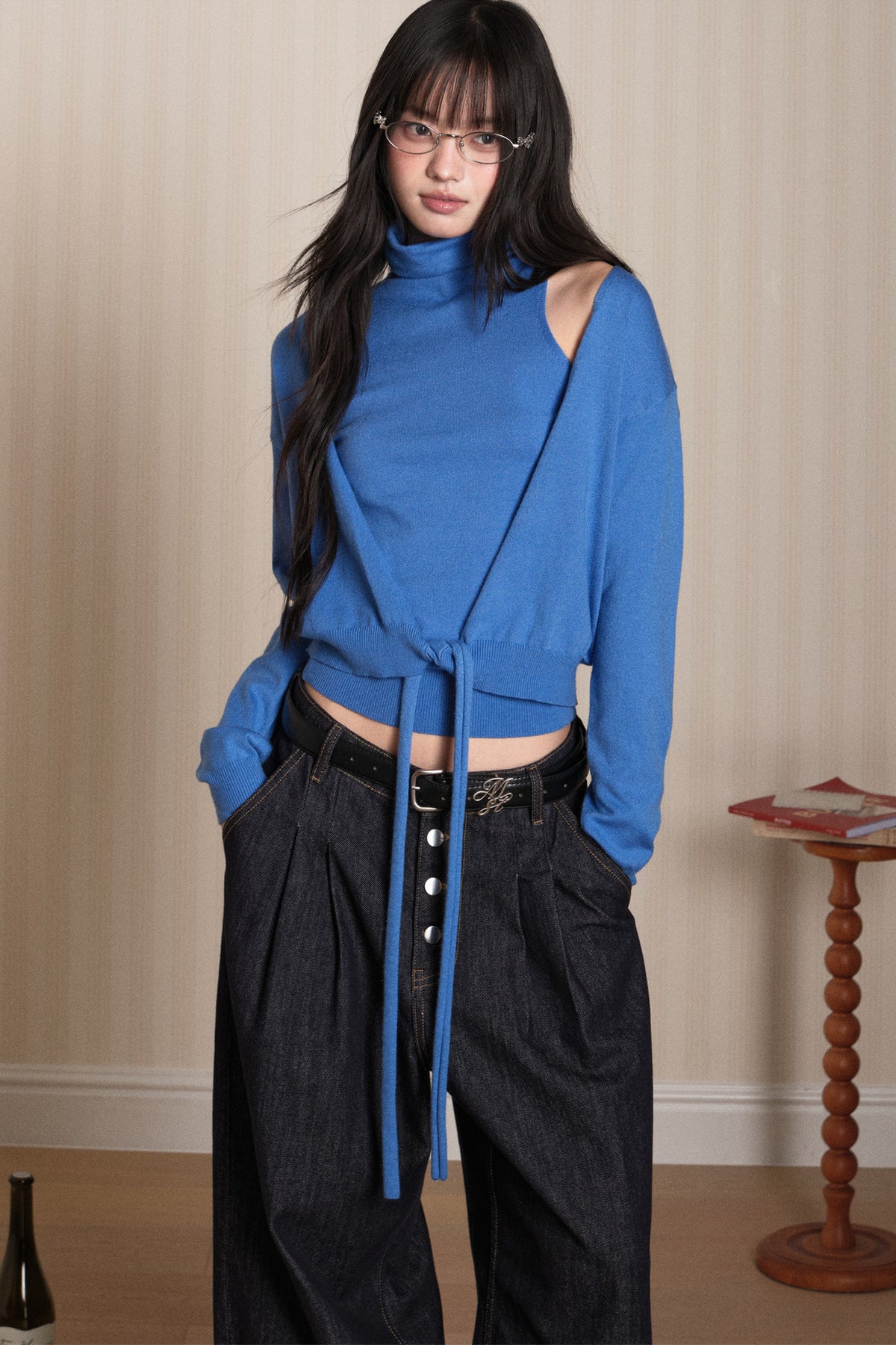 Layered High-Neck Vest and Tie-Up Cardigan Set-Up