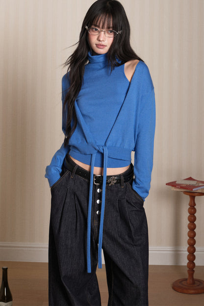 Layered High-Neck Vest and Tie-Up Cardigan Set-Up