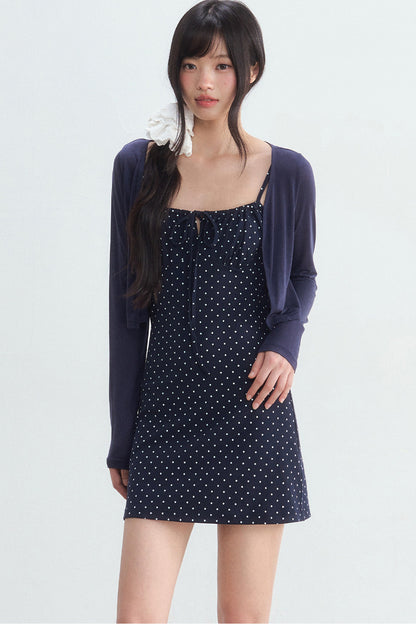 Navy Polka Dot Suspender Dress With Cardigan
