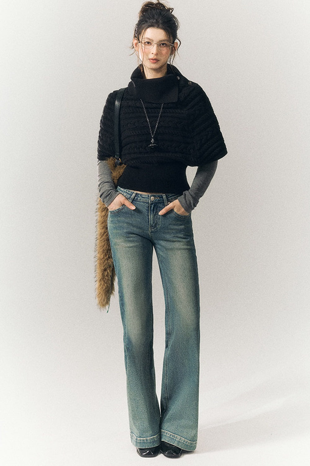 Cable Knit Lapel Cape Sweater