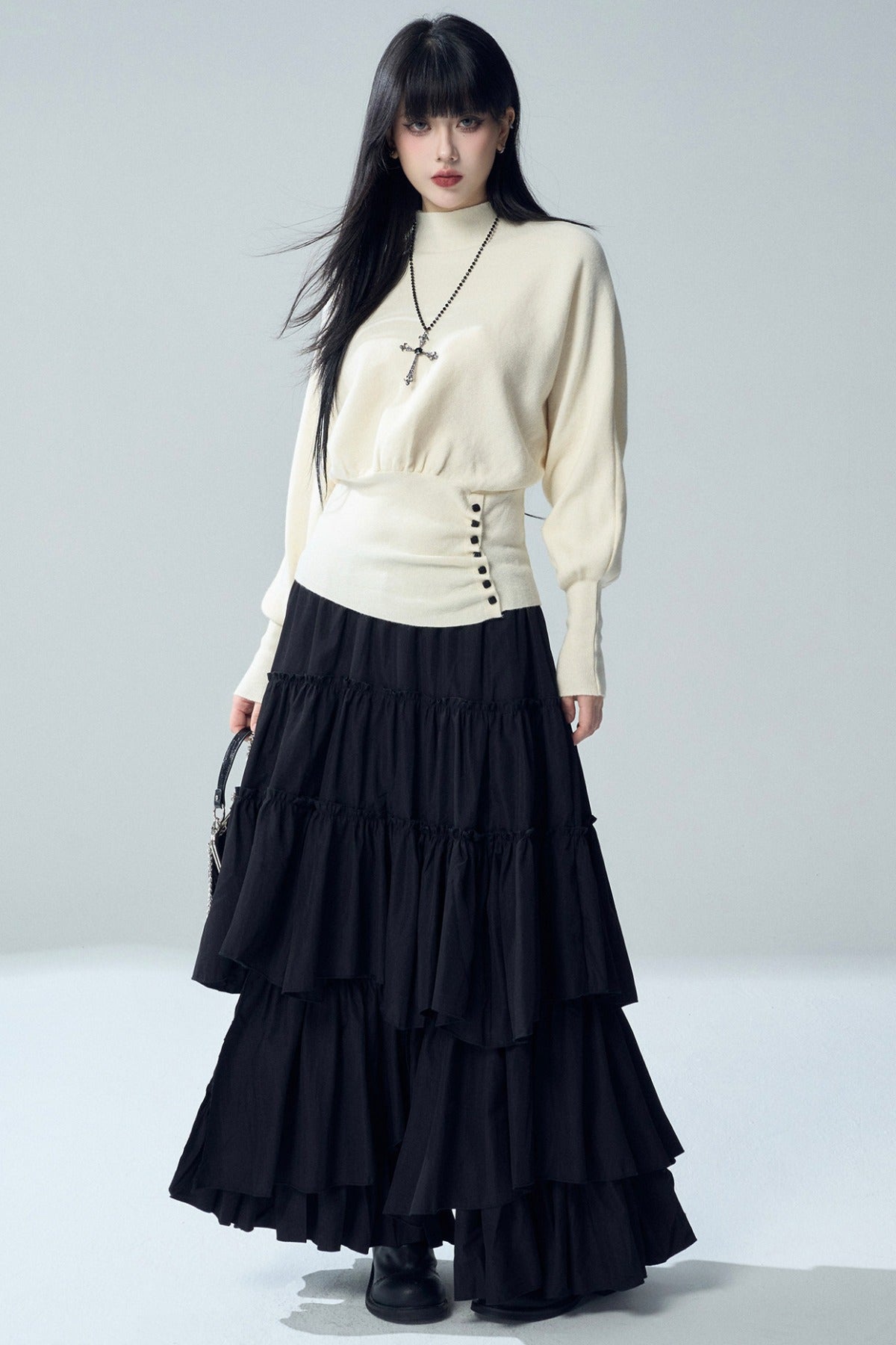 Black Irregular Ruffle Skirt