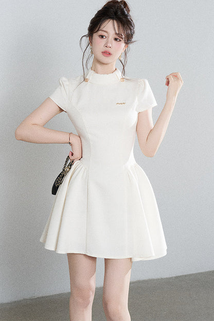 White Waist-Cinching A-Line Dress