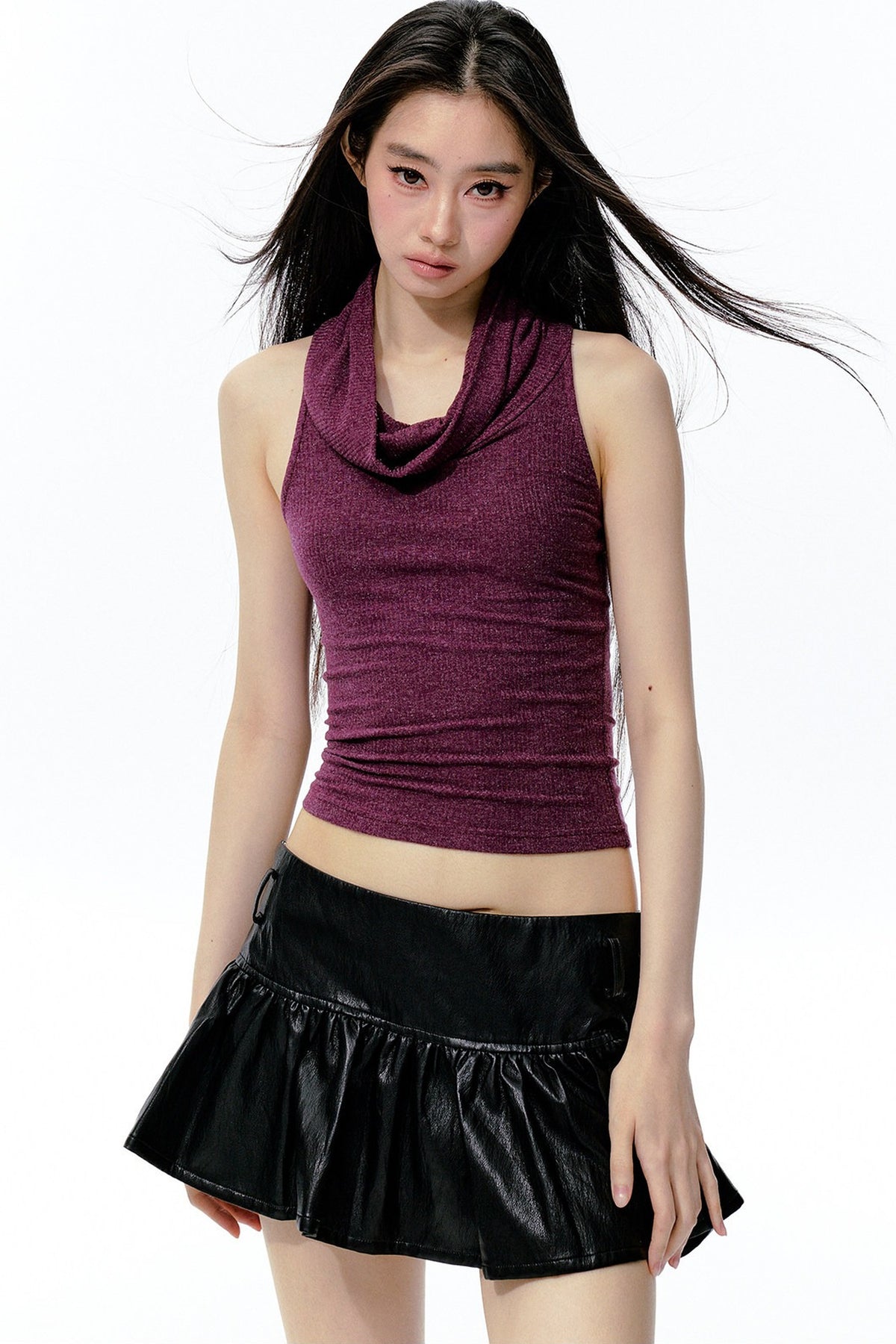 Knitted Shimmering Ribbed Large Lapel Camisole
