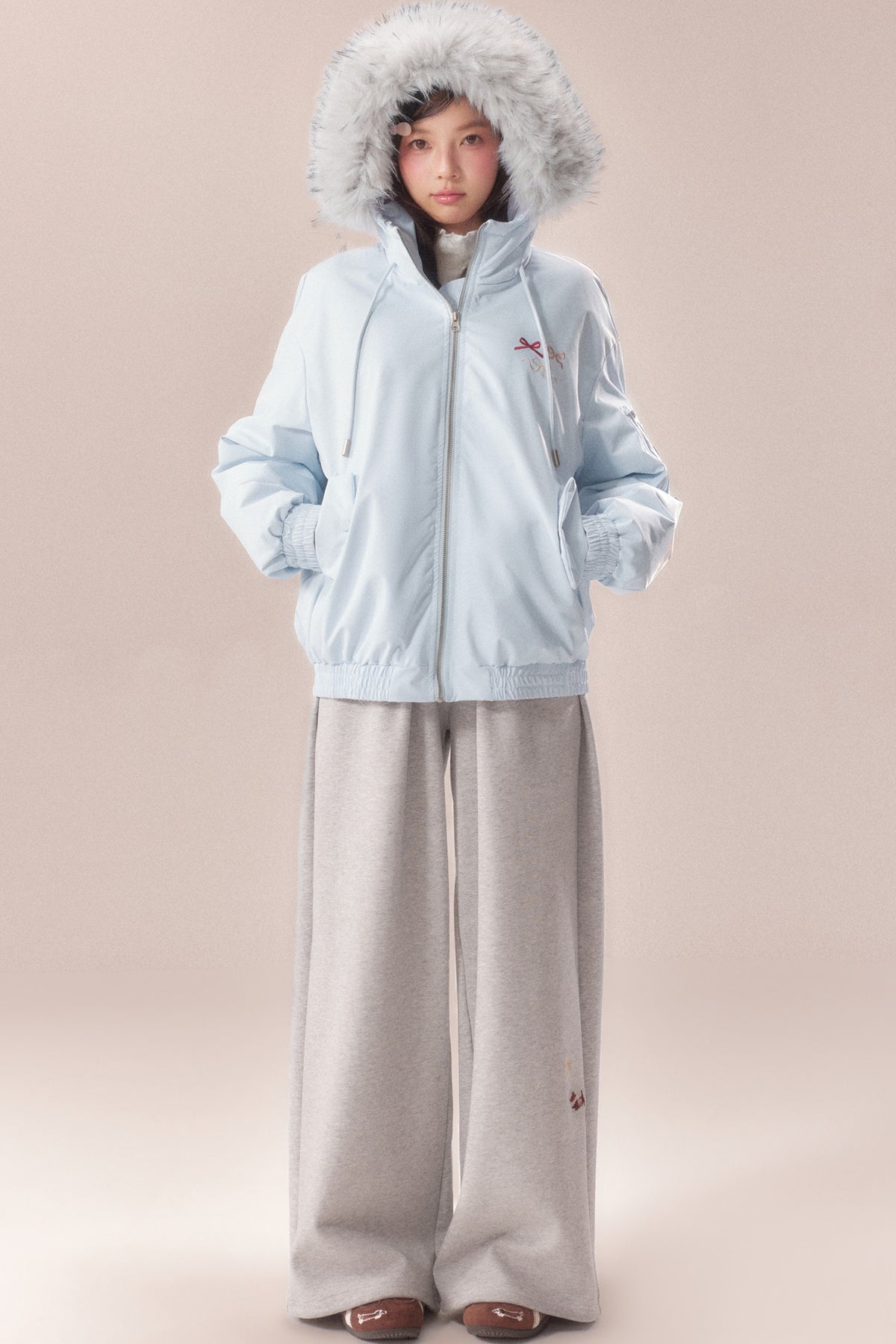 Embroidered Bow Fur Hood Down Jacket