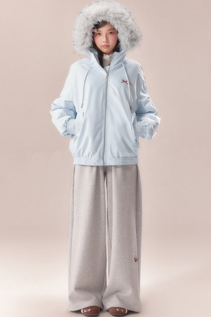 Embroidered Bow Fur Hood Down Jacket