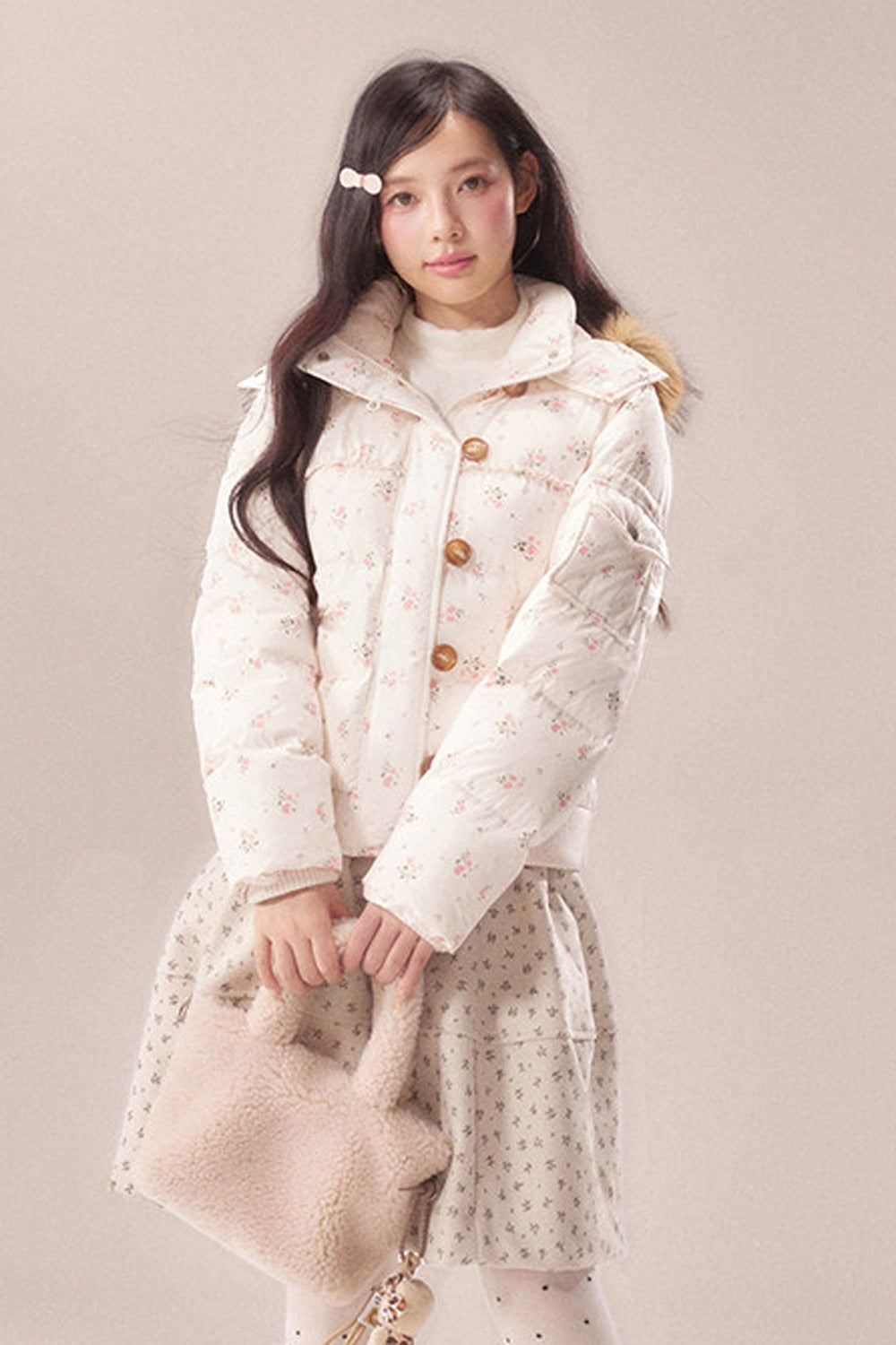 Floral Fur Collar Hooded Toggle Jacket
