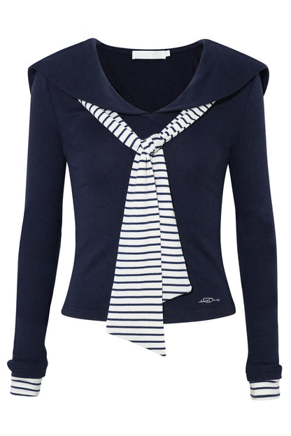 Navy Collar Striped Patchwork Tee
