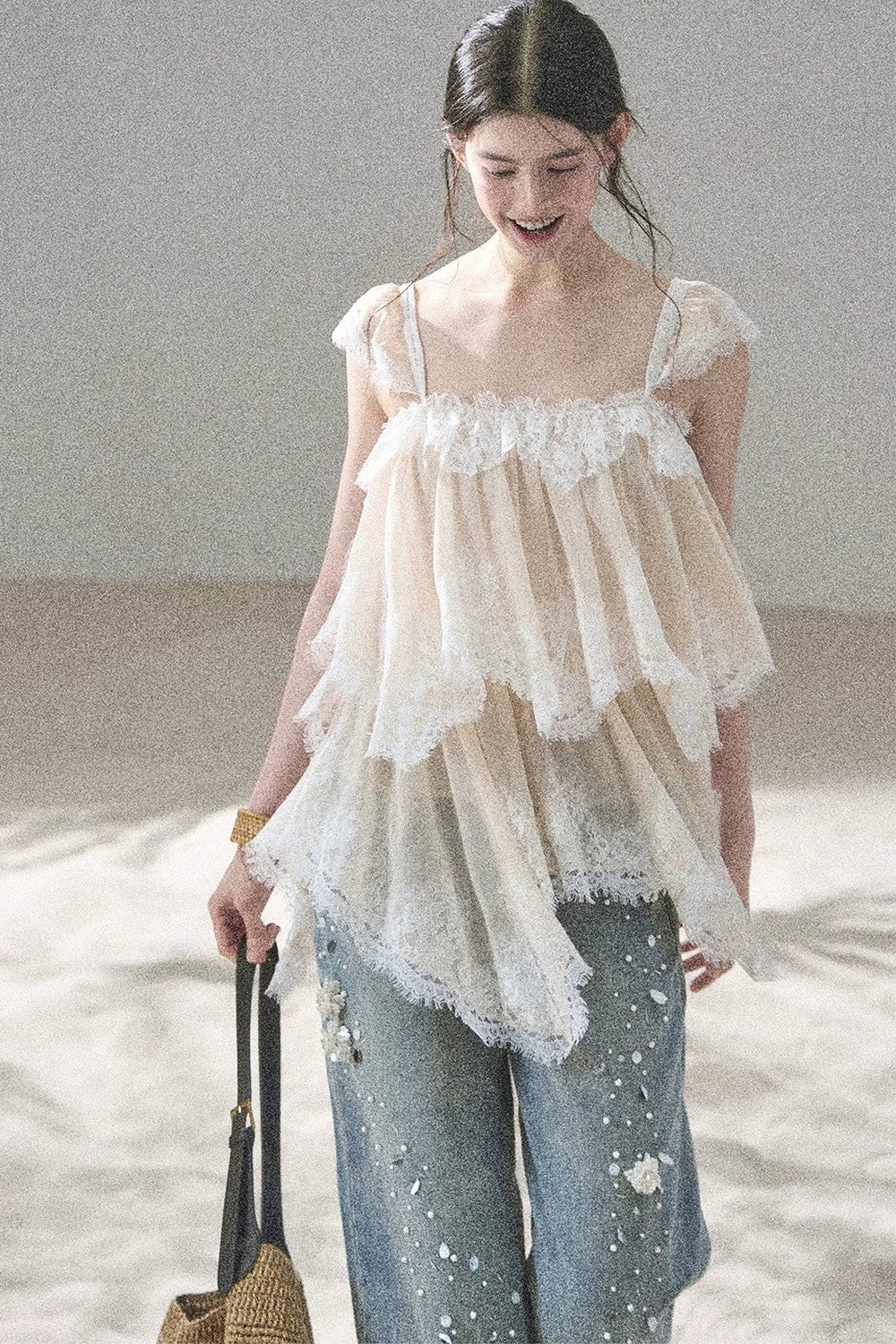 Asymmetric French Lace Mesh Top Set