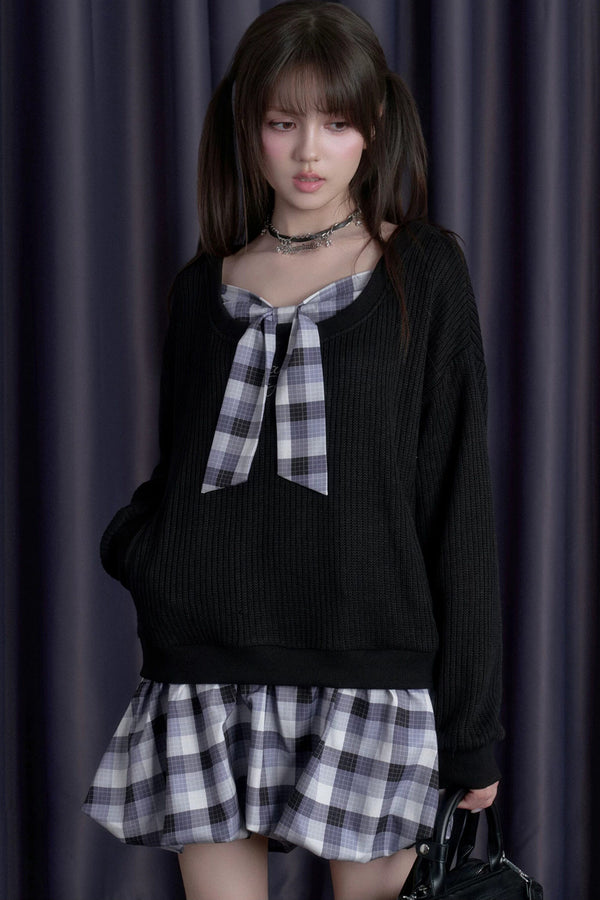 Bowknot Knitted Layered-Look Dress