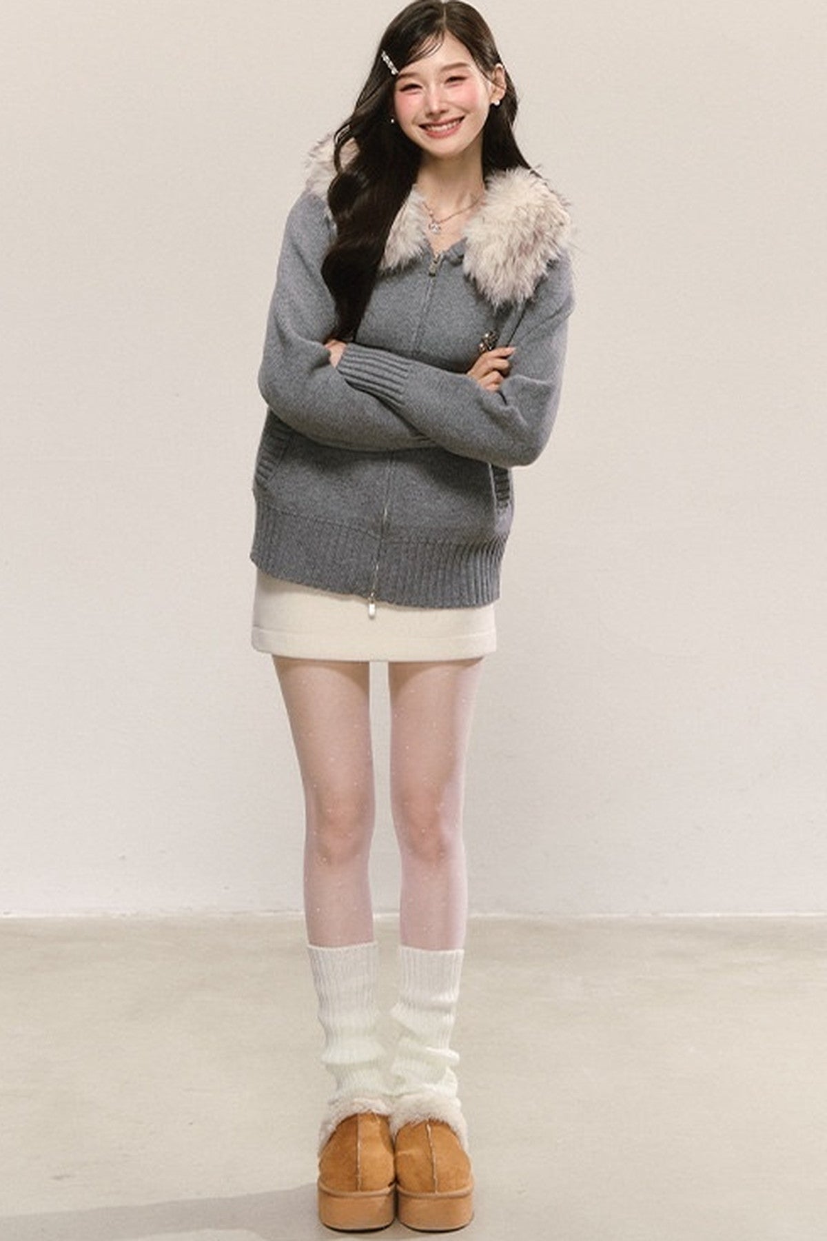 Detachable Fur Collar Hooded Knit Cardigan