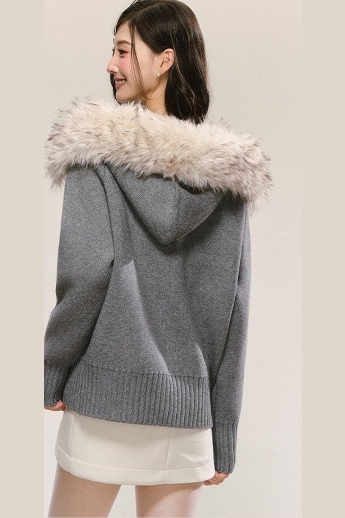 Detachable Fur Collar Hooded Knit Cardigan