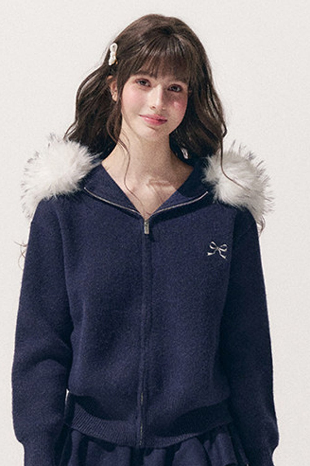 Embroidered Hooded Fur Collar Cardigan