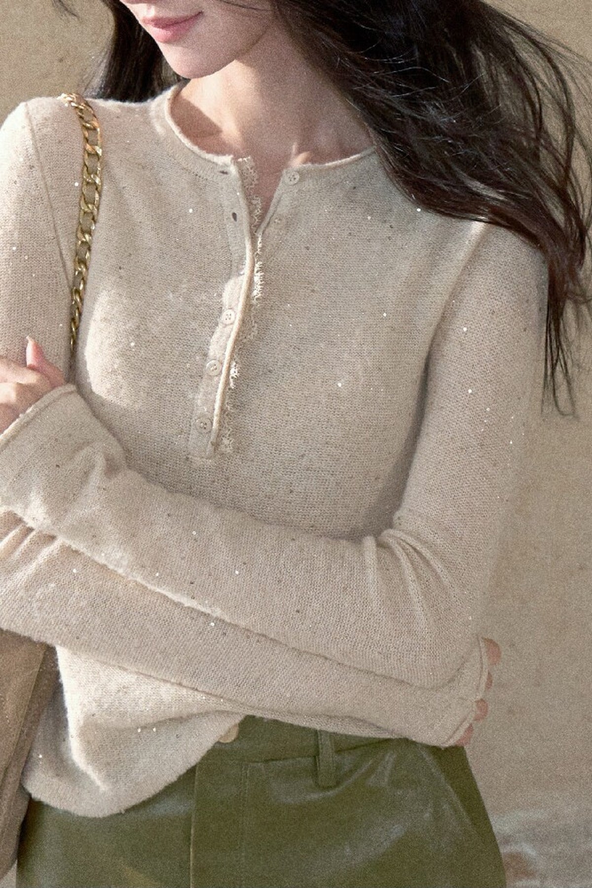 Wool Blend Sequin Lace Trim Top