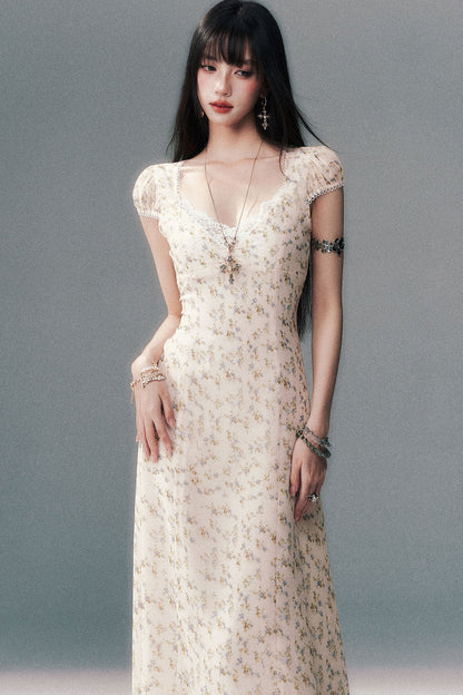 Light Yellow Floral Lace V-Neck Long Dress