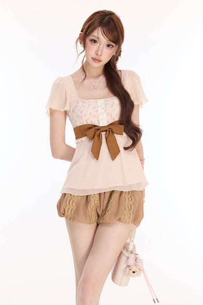 Floral Bow Chiffon Top and Lace Petal Shorts Set