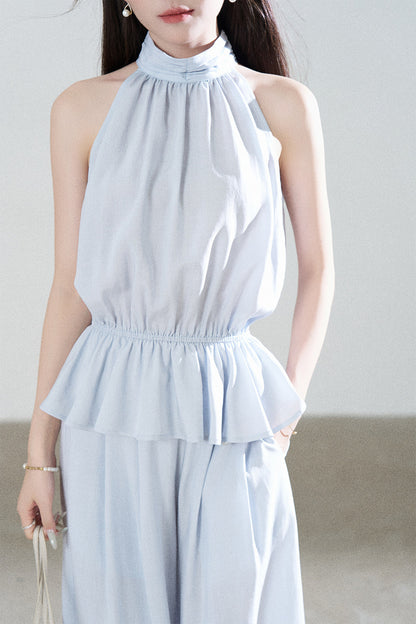 Blue Tencel Halter Shirt and Wide-Leg Pants Set