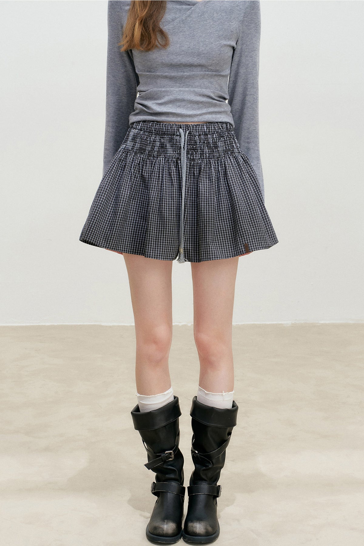 Drawstring Plaid A-Line Skirt