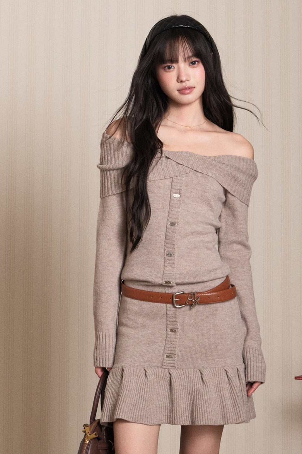 Ruffled Off-Shoulder Knit Dress