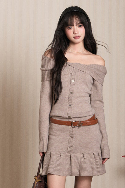 Ruffled Off-Shoulder Knit Dress