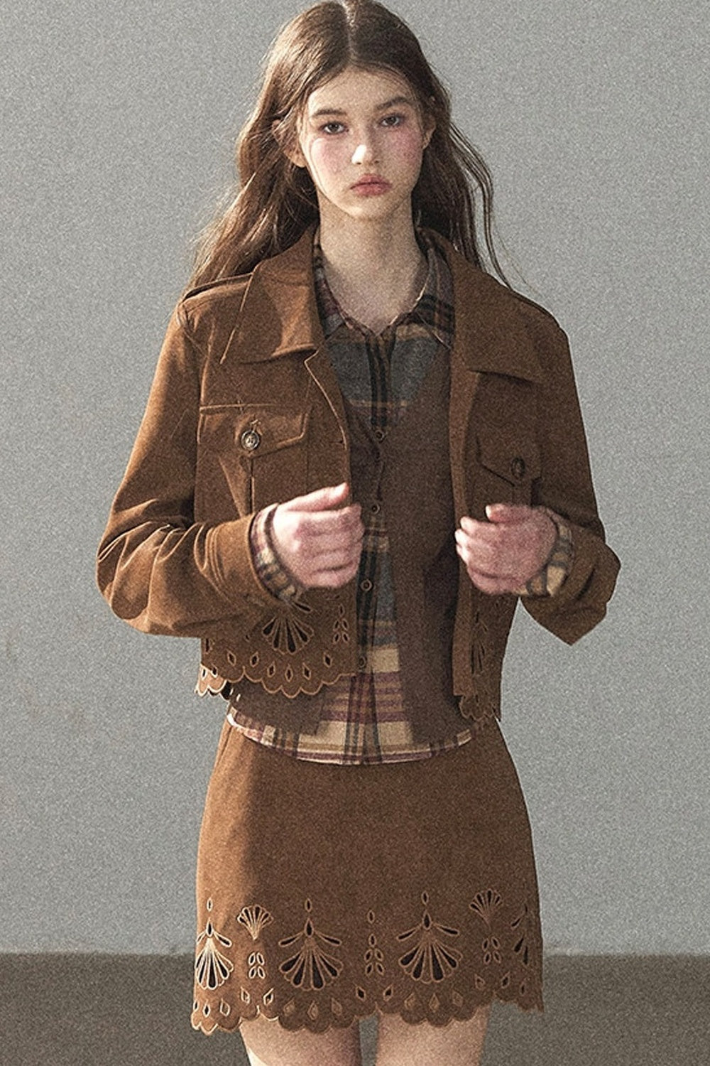 Palmblatt-Cut-out-Rock mit Oberteil und Jacke im Set