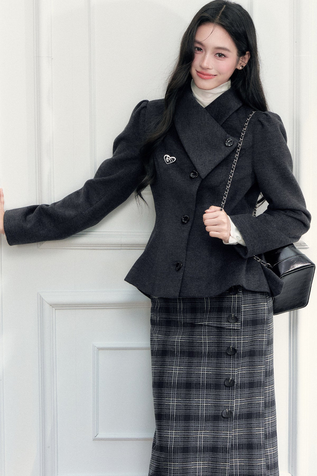 Turn-Down Collar Woolen Blazer and Hip-Hugging Long Skirt Set-Up