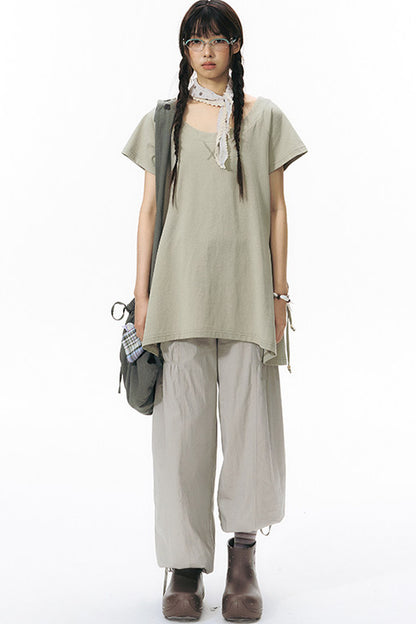 Patchwork Waistband Pocket Wide-Leg Cargo Pants